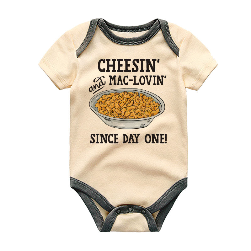 Cheesin and mac-lovin since day one cute infant baby clothes macaroni and cheese lover bodysuit