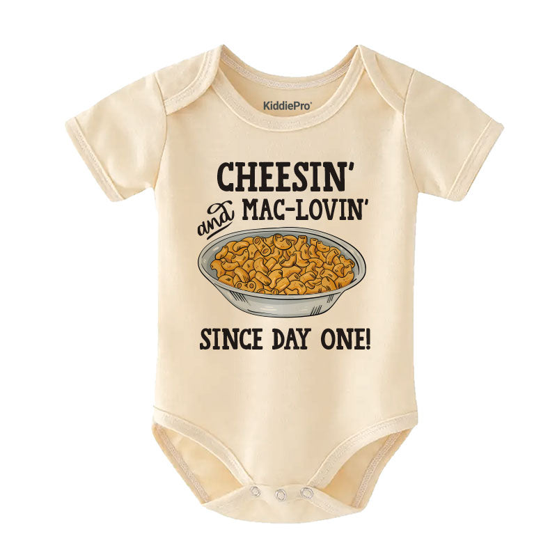 Cheesin and mac-lovin since day one cute infant baby clothes macaroni and cheese lover bodysuit