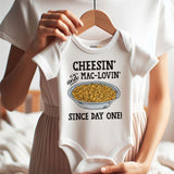 Cheesin and mac-lovin since day one cute infant baby clothes macaroni and cheese lover bodysuit