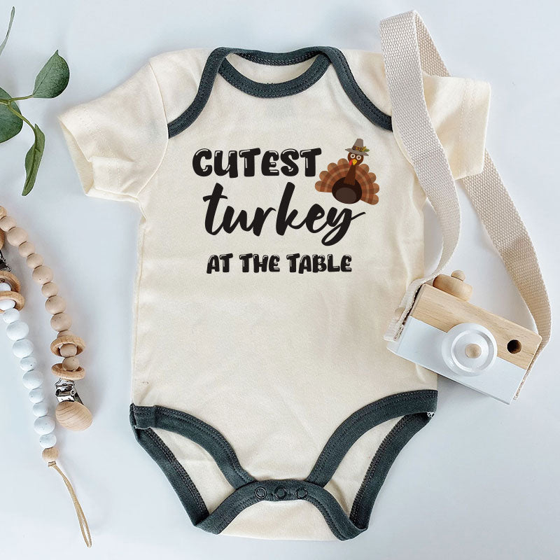 Cutest Turkey at the Table Cute Funny Baby Clothes Newborn First Thanksgiving Outfit Boy Girl Little Turkey Romper Custom Fall Baby Bodysuit Photoshoot Shirt