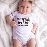 Cutest Turkey at the Table Cute Funny Baby Clothes Newborn First Thanksgiving Outfit Boy Girl Little Turkey Romper Custom Fall Baby Bodysuit Photoshoot Shirt