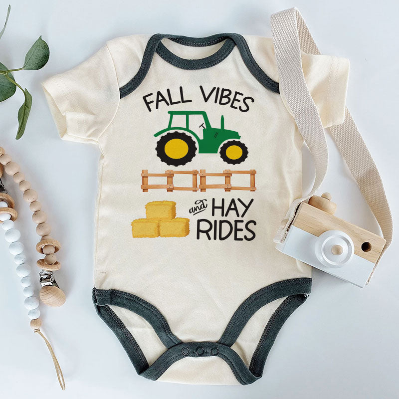 Fall Vibes and Hay Rides Newborn baby boy girl Clothes Farm Green Tractor Outfit Custom Thankgiving Shirt Short Sleeve Infant Clothing Baby Shower Gift