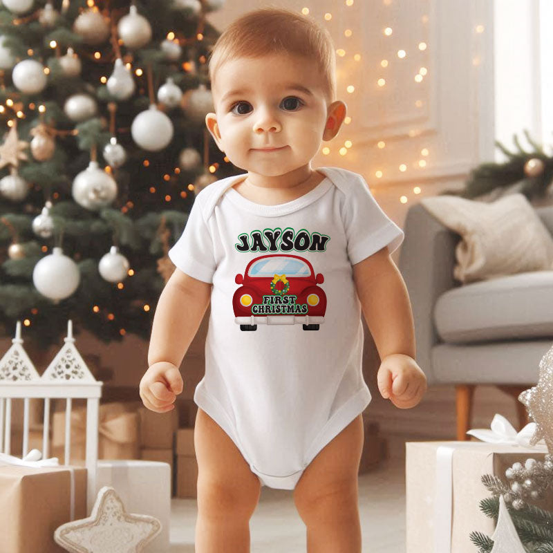 Custom Name Newborn First Christmas Baby Bodysuit Personalized Baby's firstname Holiday Outfit Pregnancy announcement Baby Shower Customizable Infant Shirt