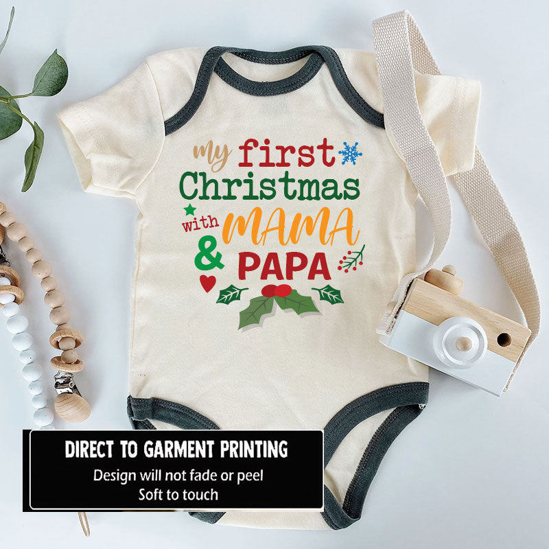 First Christmas with Mama and Papa Cute Newborn Infant Custom Baby Clothes Holiday Babywear Adorable Baby Chirstmas Outfit Cherished Moments Romper