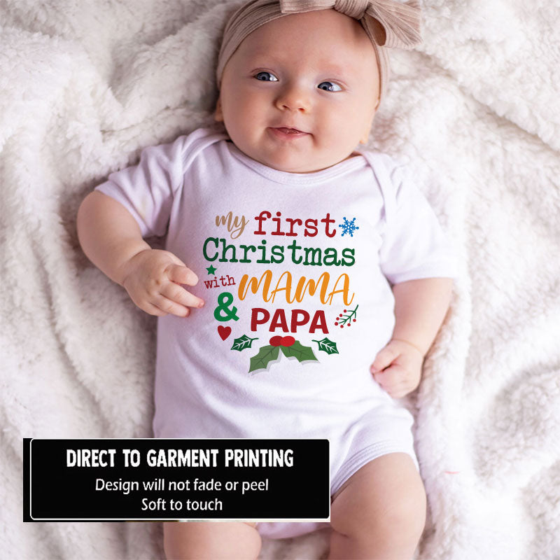 First Christmas with Mama and Papa Cute Newborn Infant Custom Baby Clothes Holiday Babywear Adorable Baby Chirstmas Outfit Cherished Moments Romper