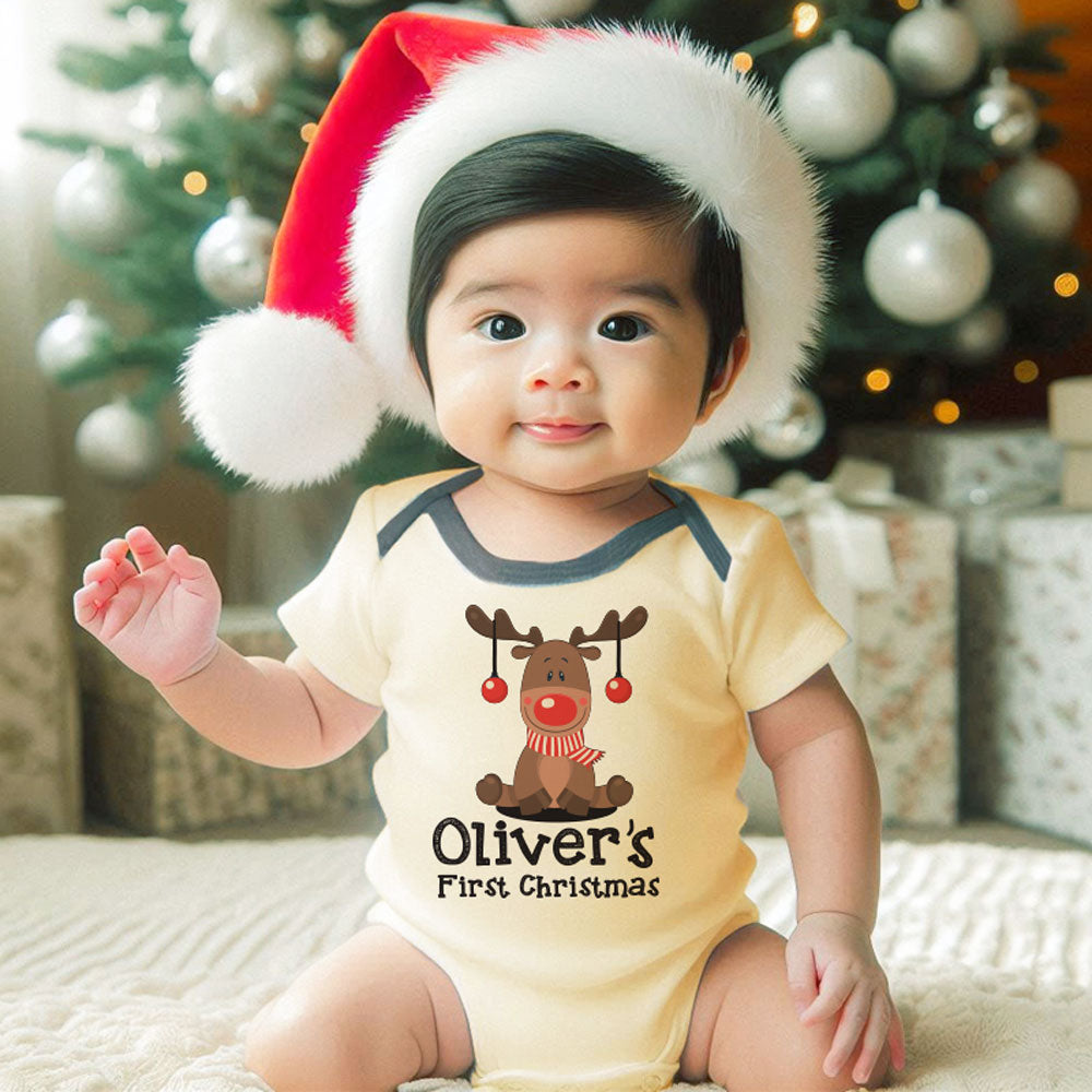 Cute Reindeer Baby Outfit First Christmas Baby Boy girl Clothes Customizable Christmas Gift for Baby Personalized Baby Name bodysuit Newborn gift and Keepsake Babygrow