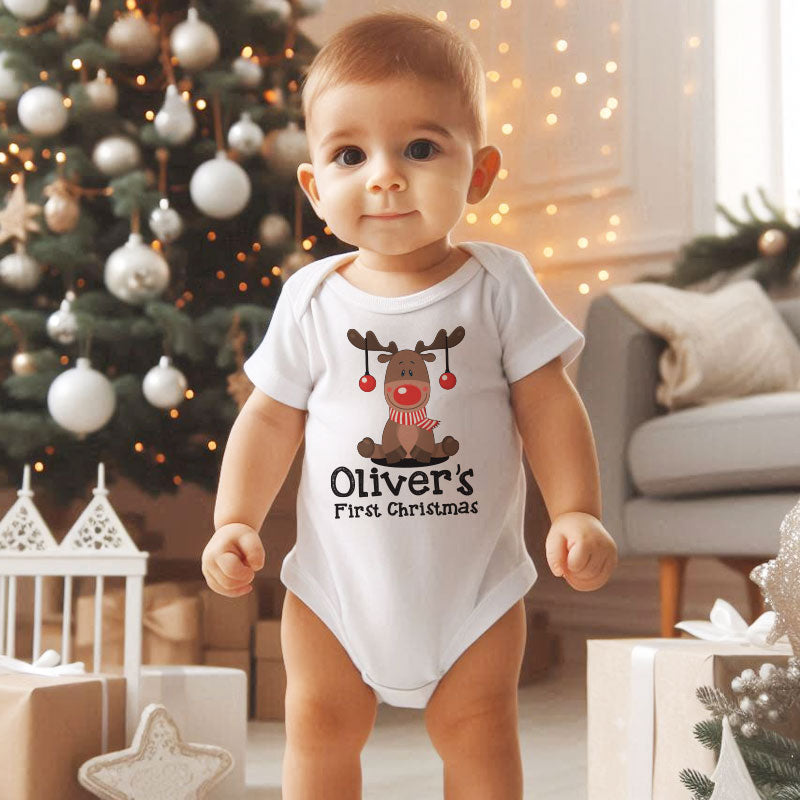 Cute Reindeer Baby Outfit First Christmas Baby Boy girl Clothes Customizable Christmas Gift for Baby Personalized Baby Name bodysuit Newborn gift and Keepsake Babygrow