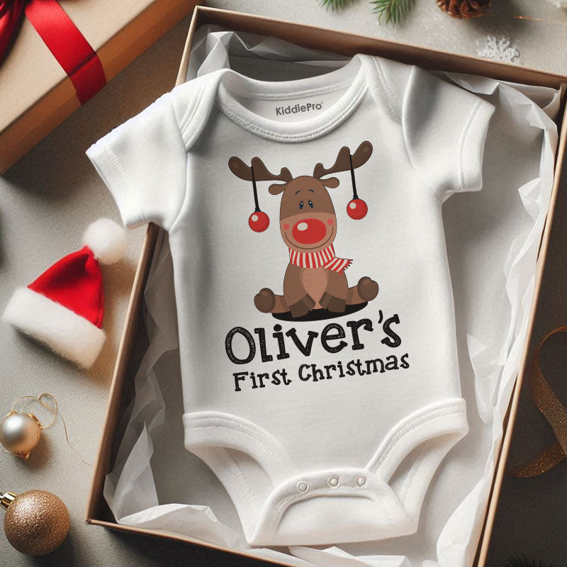 Cute Reindeer Baby Outfit First Christmas Baby Boy girl Clothes Customizable Christmas Gift for Baby Personalized Baby Name bodysuit Newborn gift and Keepsake Babygrow