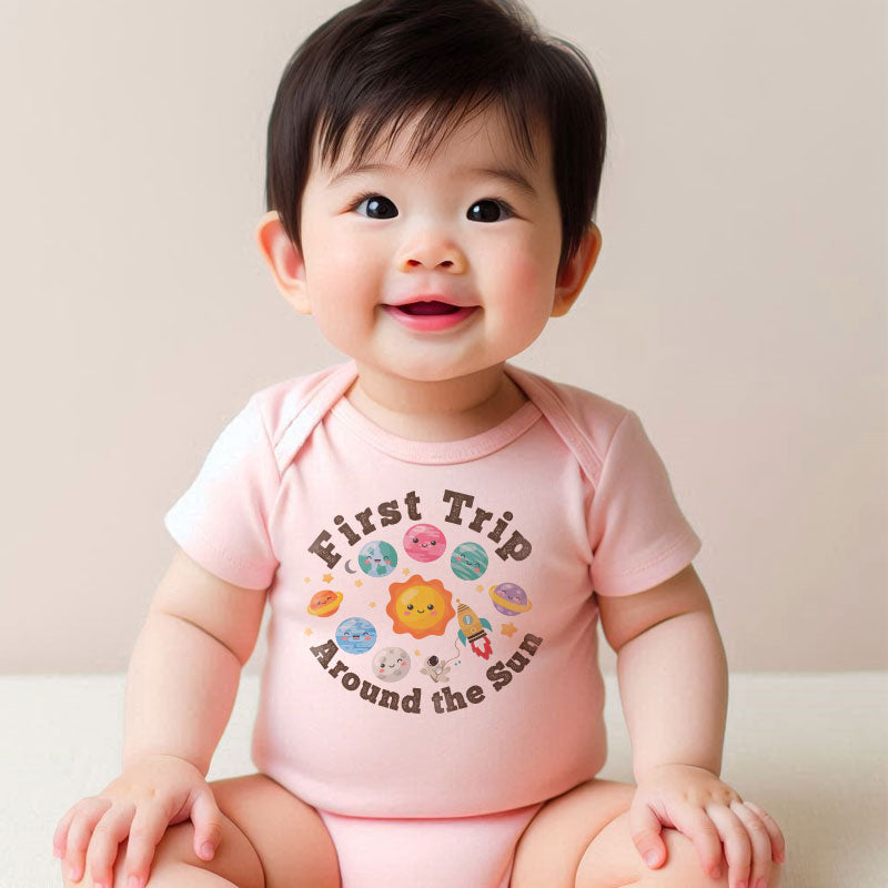 Kiddiepro First Trip Around the Sun Birthday Baby Bodysuit Sun and Planet Design 1st Birthday Outfit for Baby Boy or Girl