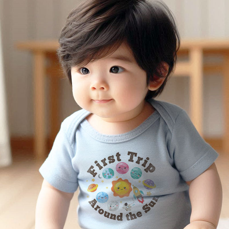 Kiddiepro First Trip Around the Sun Birthday Baby Bodysuit Sun and Planet Design 1st Birthday Outfit for Baby Boy or Girl