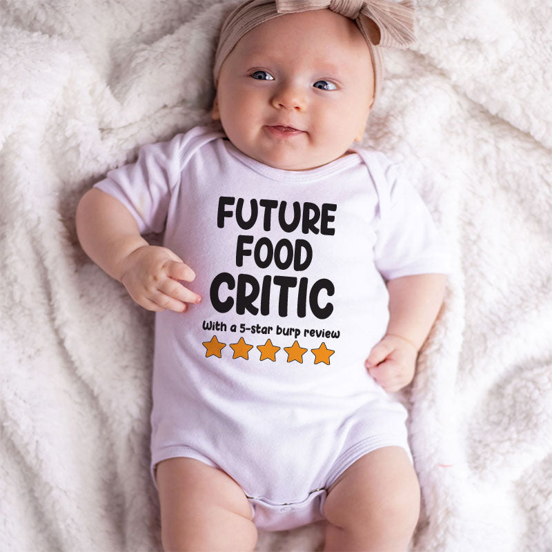 Future food critic funny unisex newborn baby clothes custom baby bodysuit personalized gift baby boy girl customizable shirt food humor outfit