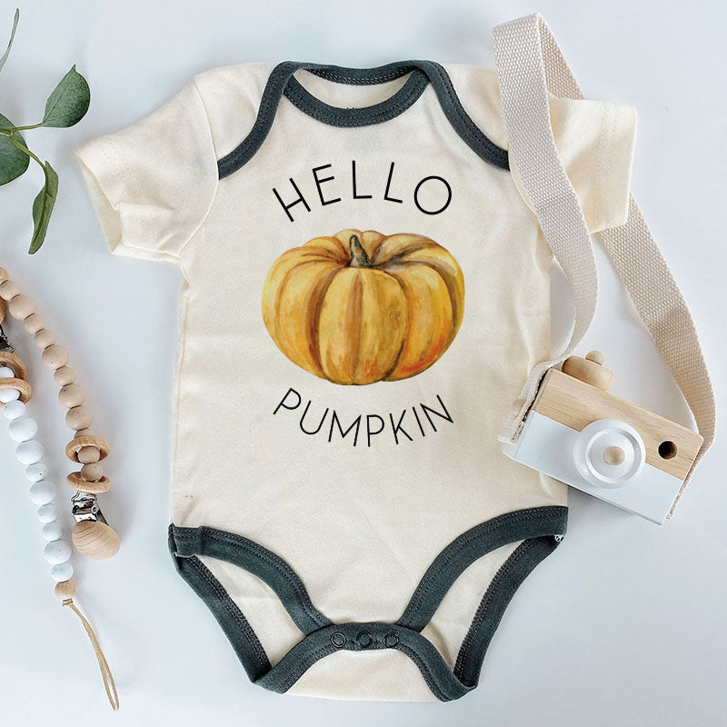 Hello Pumpkin Custom Baby Clothes First Fall Autumn Thanksgiving Outfit Personalized Boy Girl Bodysuit Halloween Costume Pregnancy Reveal Baby Shower Gift