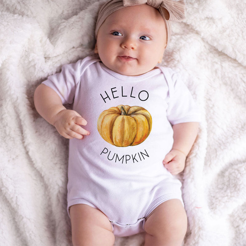 Hello Pumpkin Custom Baby Clothes First Fall Autumn Thanksgiving Outfit Personalized Boy Girl Bodysuit Halloween Costume Pregnancy Reveal Baby Shower Gift