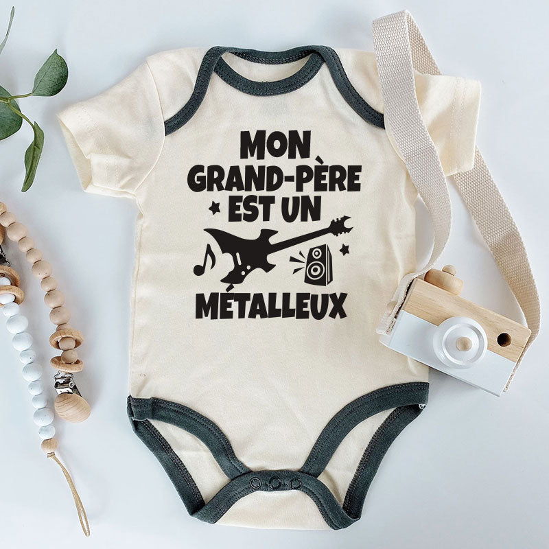 French unisex short sleeve baby bodysuit Mon grand-pere est un metalleux outfit Rock band music lover grandpa gift newborn clothes