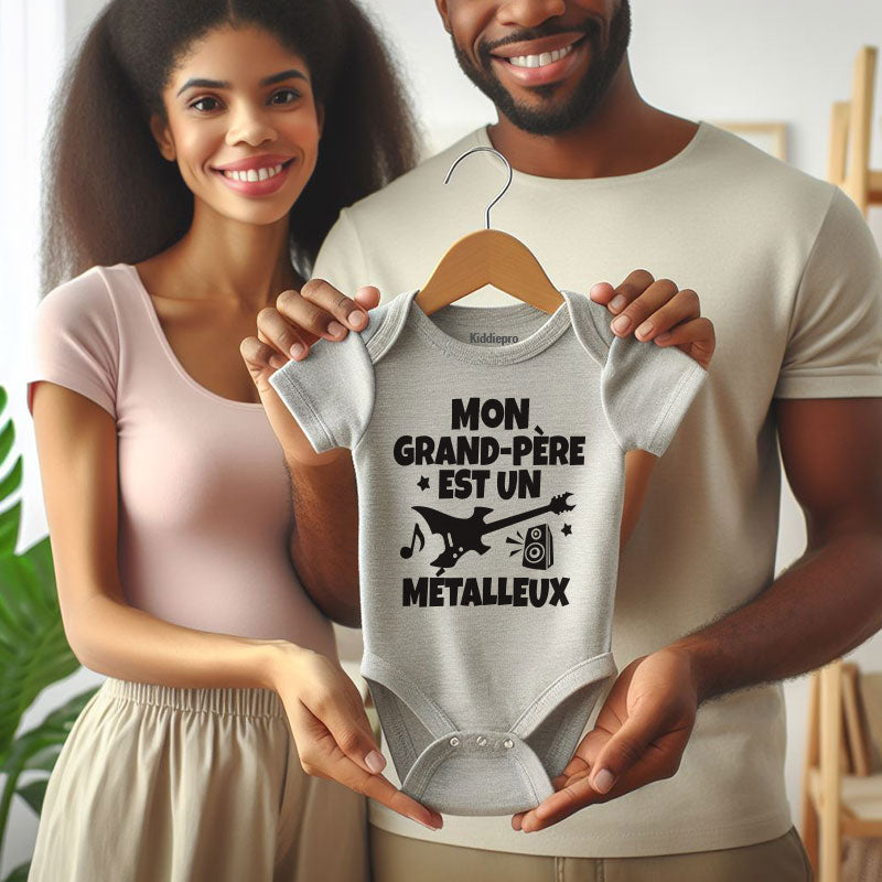 French unisex short sleeve baby bodysuit Mon grand-pere est un metalleux outfit Rock band music lover grandpa gift newborn clothes