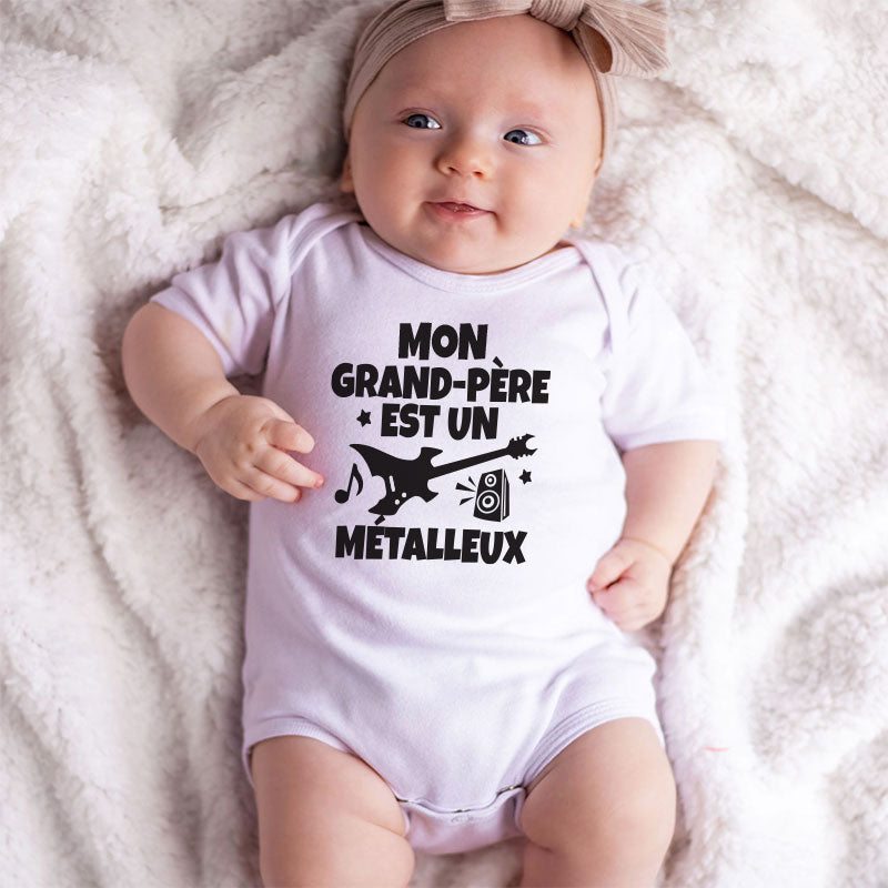 French unisex short sleeve baby bodysuit Mon grand-pere est un metalleux outfit Rock band music lover grandpa gift newborn clothes