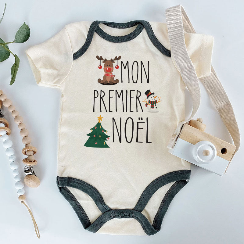 Mon Premier Noël Custom Unisex Newborn baby Boy Girl Clothes Reindeer Snowman Christmas Tree Theme Baby's First Christmas Milestone Baby Bodysuit