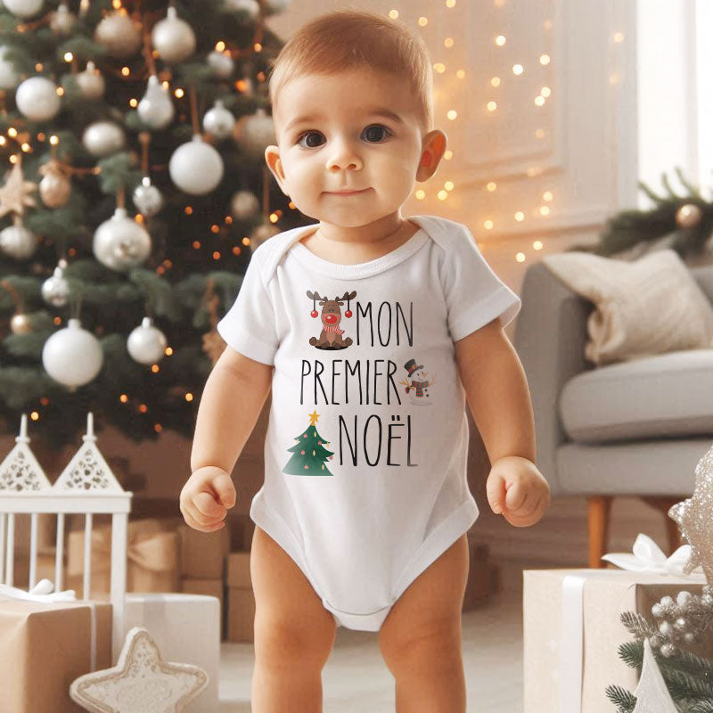 Mon Premier Noël Custom Unisex Newborn baby Boy Girl Clothes Reindeer Snowman Christmas Tree Theme Baby's First Christmas Milestone Baby Bodysuit