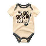 My Dad Sucks at Golf Funny Baby Bodysuit Hilarious Golf Outfit Baby Shower Gift for Golf Loving Dad