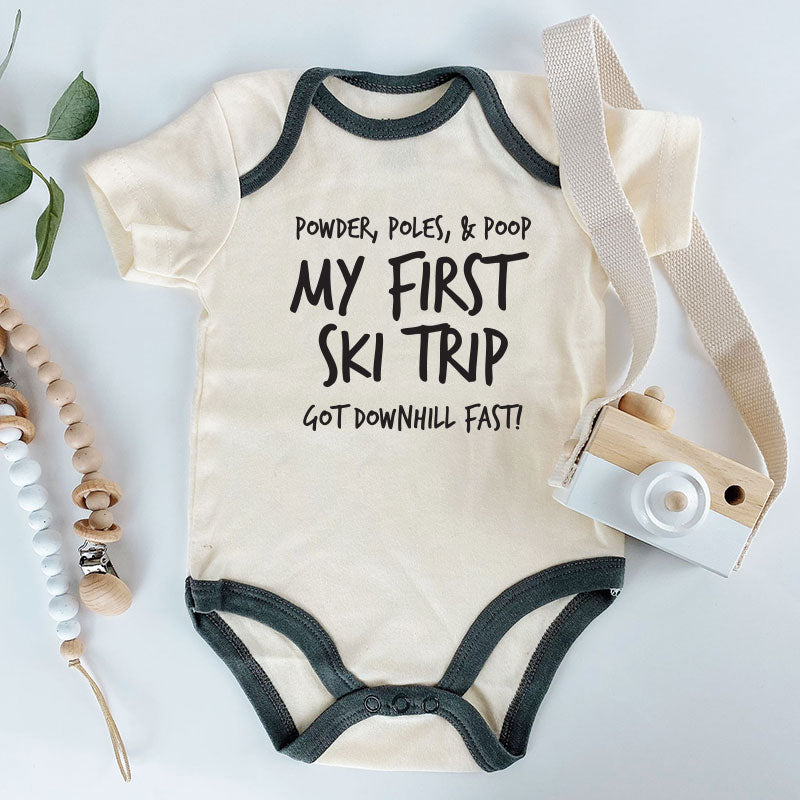 My First Ski Trip Baby Bodysuit Funny Ski Baby Outfit Downhill Skiing Baby romper Winter Sports Baby Clothes Newborn Ski Outfit Custom baby Bodysuit