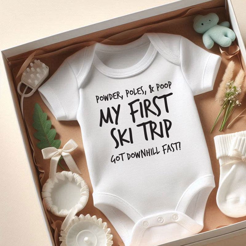 My First Ski Trip Baby Bodysuit Funny Ski Baby Outfit Downhill Skiing Baby romper Winter Sports Baby Clothes Newborn Ski Outfit Custom baby Bodysuit