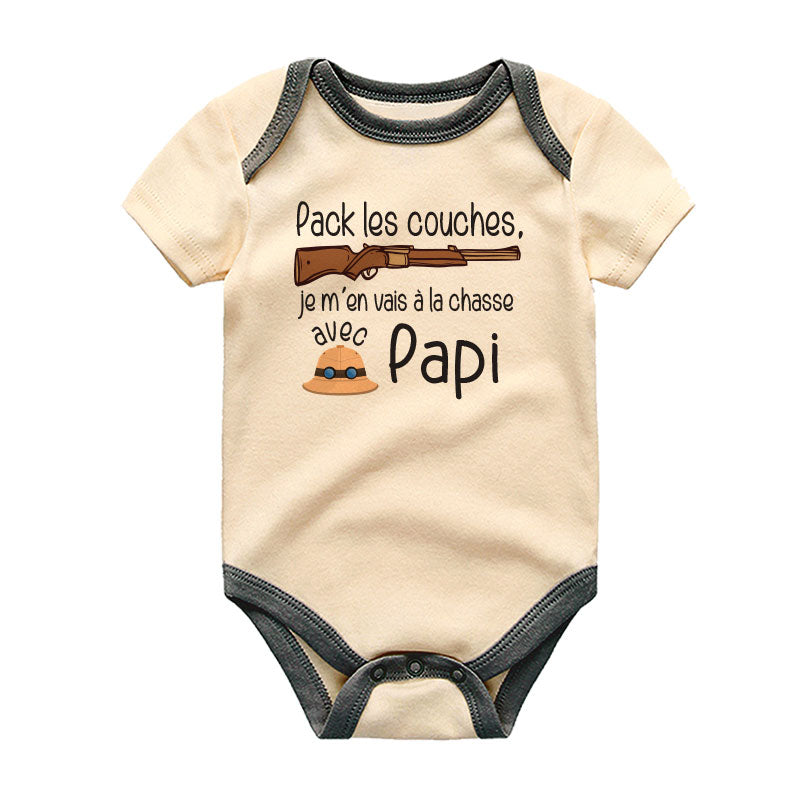 French Pack les Couches je me'en vais a la chasse avec papi bodysuit grandpa hunting buddy outfit custom unisex baby clothes