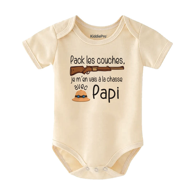 French Pack les Couches je me'en vais a la chasse avec papi bodysuit grandpa hunting buddy outfit custom unisex baby clothes