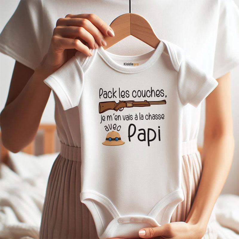 French Pack les Couches je me'en vais a la chasse avec papi bodysuit grandpa hunting buddy outfit custom unisex baby clothes