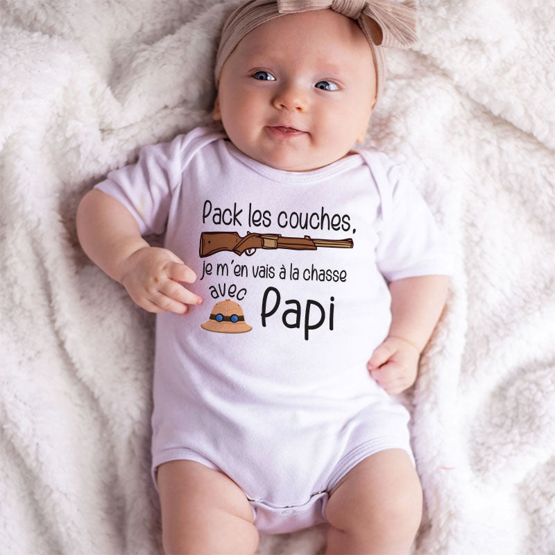 French Pack les Couches je me'en vais a la chasse avec papi bodysuit grandpa hunting buddy outfit custom unisex baby clothes