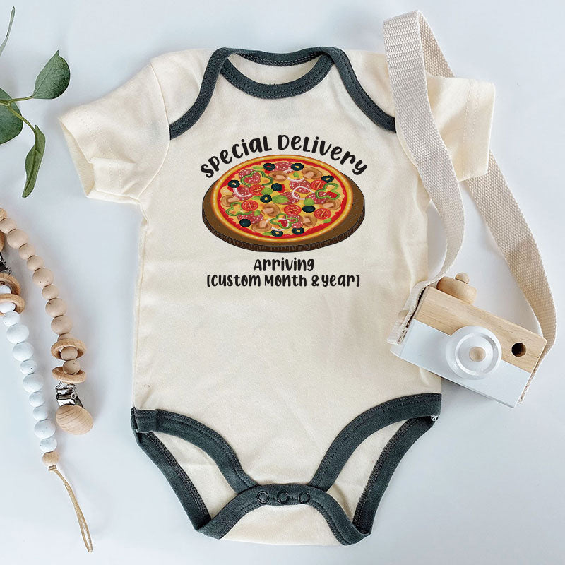 Special Delivery Pizza themed Baby clothes custom pregnancy announcement bodysuit gender reveal shirt