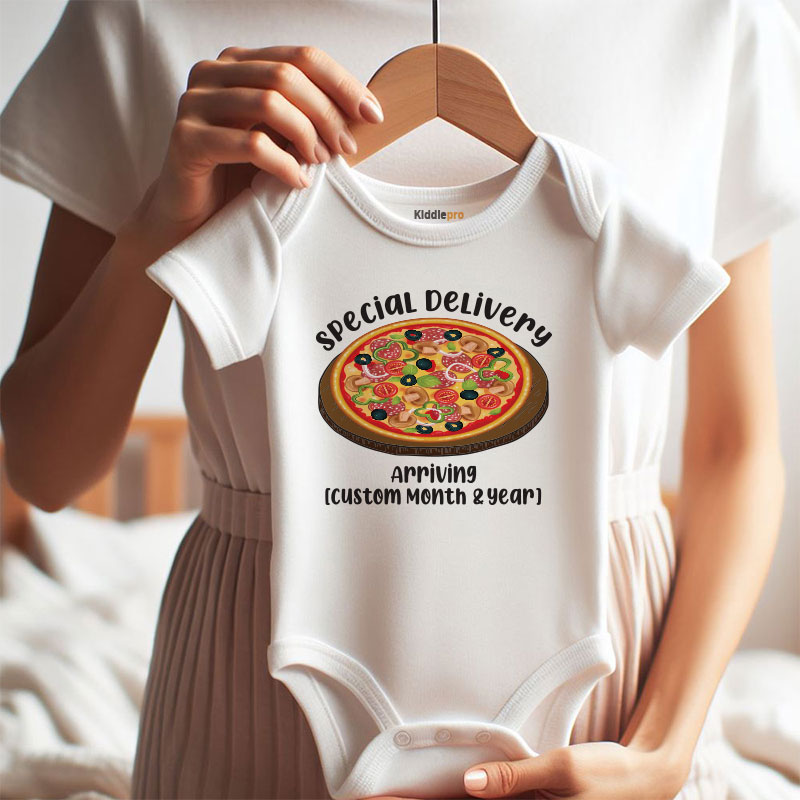 Special Delivery Pizza themed Baby clothes custom pregnancy announcement bodysuit gender reveal shirt