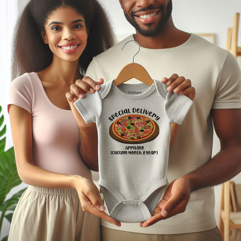 Special Delivery Pizza themed Baby clothes custom pregnancy announcement bodysuit gender reveal shirt