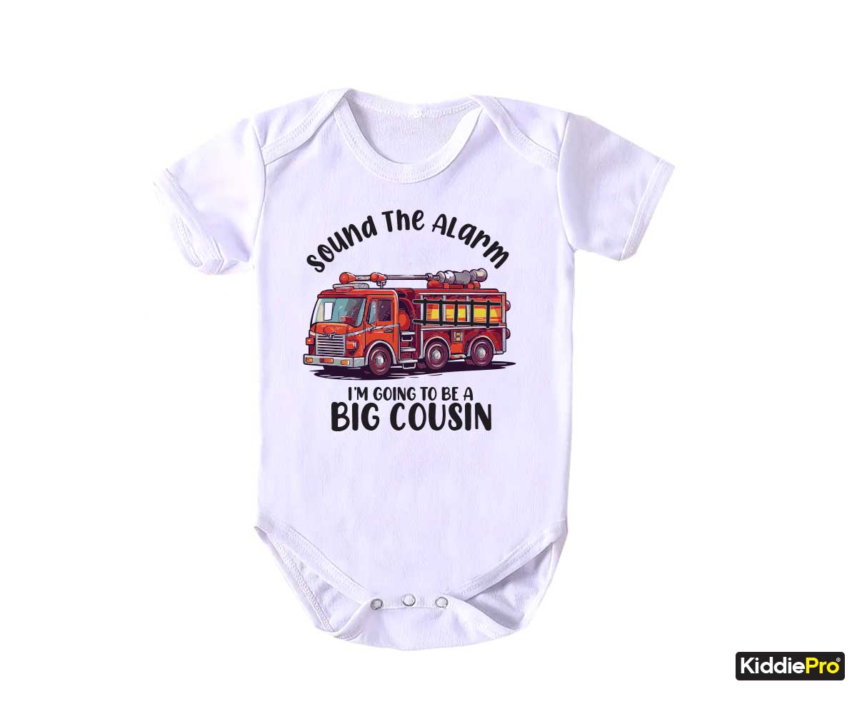 Sound the Alarm I'm going to be a big cousin Pregnancy Baby announcement Firetruck Theme Baby bodysuit(SKU#33)